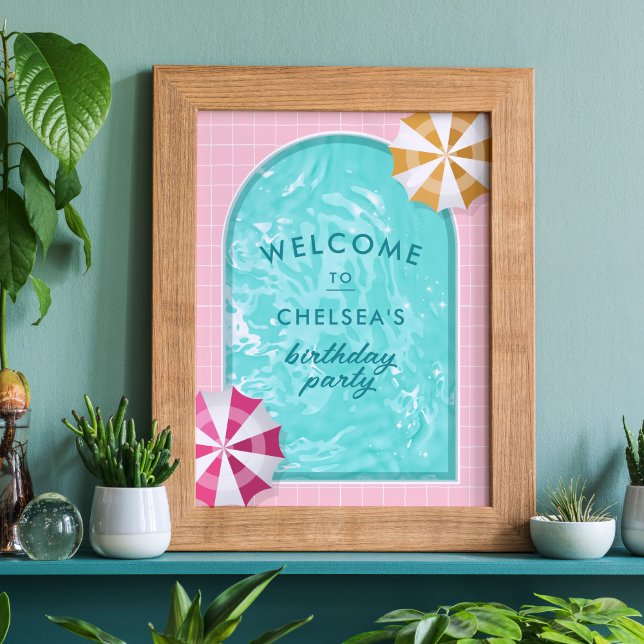 Handflatan Vår Bassäng Party Rosa Vuxen födelsedag Poster (pink palm springs pool party welcome sign)