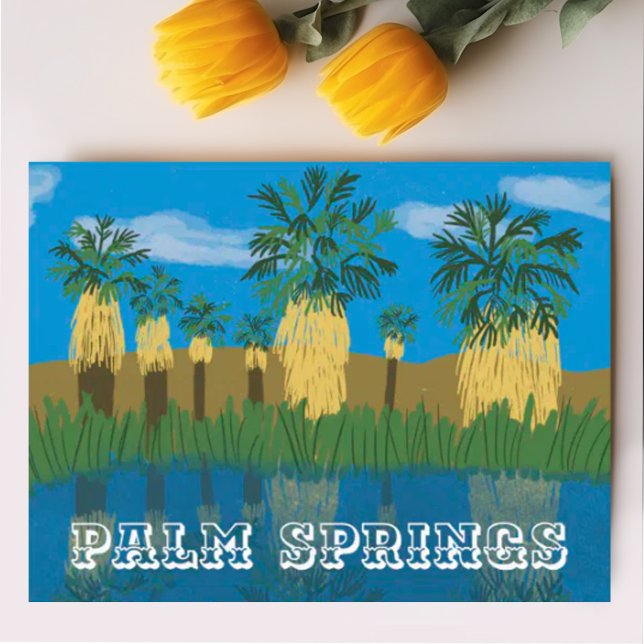 Handflatan Vår Oasis Desert Coachella Kalifornien Helg Vykort (Palm Springs palm tree oasis illustration. Sweet travel themed postcard. Check my shop for more!)