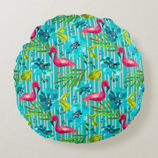 Handflatan Vår Yard&Garden Flamingo Teal Rund Kudde (Framsidan)