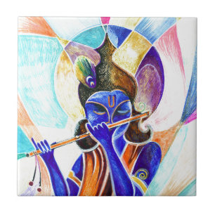 Handgjord abstrakt målning av Lord Krishna med fl Kakelplatta