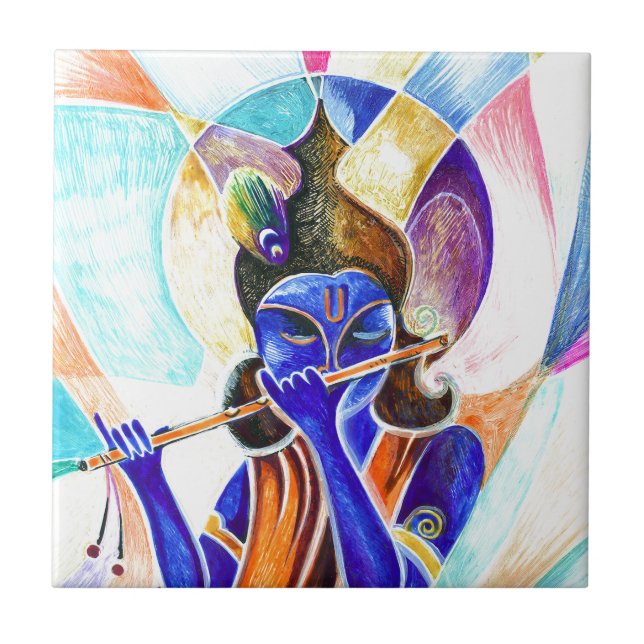 Handgjord abstrakt målning av Lord Krishna med fl Kakelplatta (Framsidan)