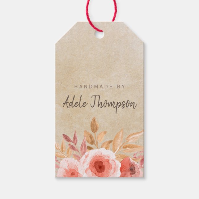 Handgjord av akvarellblommig textil papper presentetikett (Framsidan)