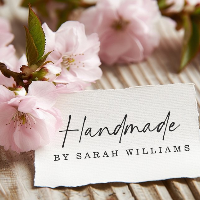 Handgjord av ett anpassat namn, modernt handskript stämpel (Handmade by custom name modern handwritten script rubber stamp)