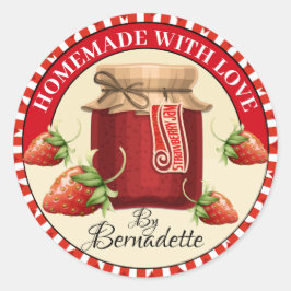 Handgjord av fästdon runt klistermärke