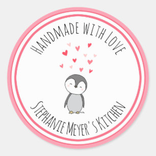 Handgjord av Kärlek Han dragen Cute Penguin Heart Runt Klistermärke