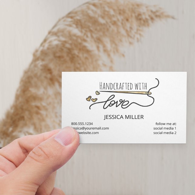 Handgjord Guld-sydd Nål White One Side Visitkort (Horizontal Business Card with gold needle and love hearts)