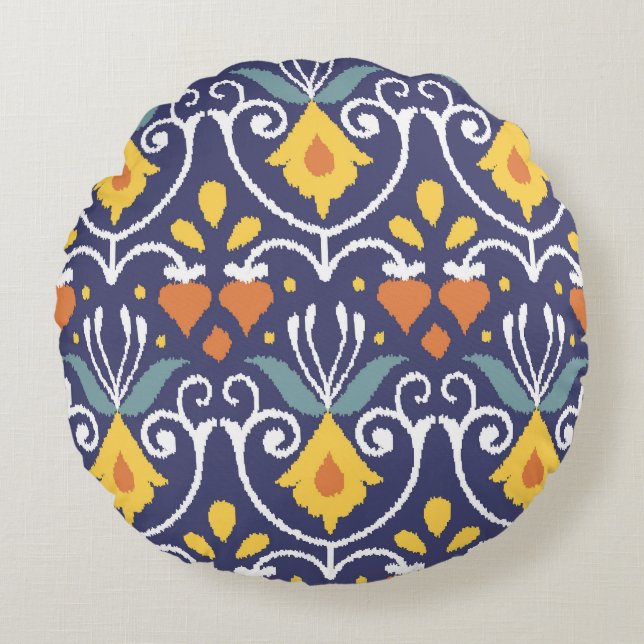 Handgjord Ikat: Etnisk Boho Tyg Rund Kudde (Framsidan)