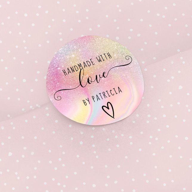 Handgjord kärlek-pastellregnbåge glitter runt klistermärke (Skapare uppladdad)