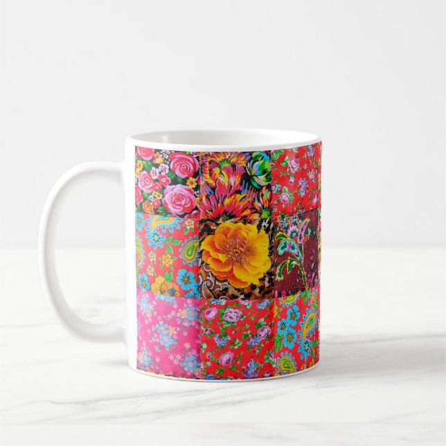 Handgjord lapptäckskfilt med blommönster som ba kaffemugg (Vänster)