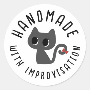 Handgjord med Improvisation Söt Svart Katt Ritning Runt Klistermärke