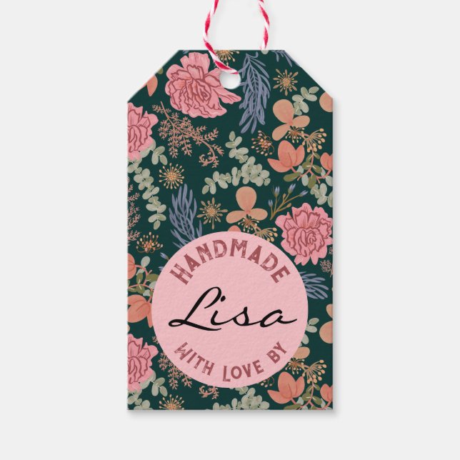 Handgjord med kärlek av Elegant blomster rosa ros  Presentetikett (Framsidan)