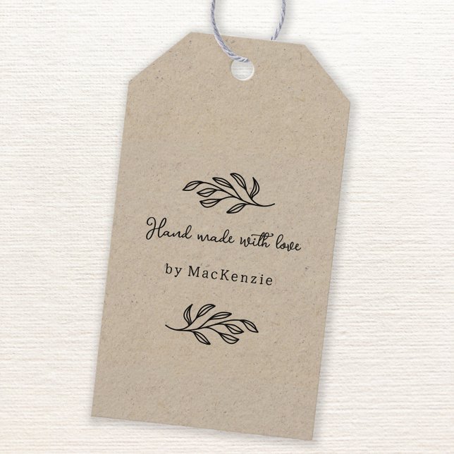 Handgjord med kärlek Brun papper Botanisk blad  Presentetikett (Hand Made with Love custom name botanical leaf line art small business maker price or product tag)
