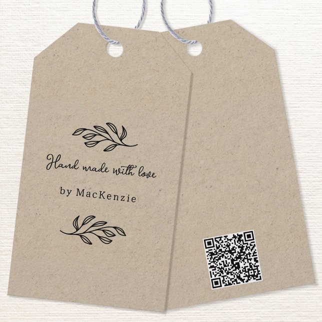 Handgjord med kärlek Brun papper QR-kod Prislapp Presentetikett (Hand Made with Love custom name botanical leaf line art small business maker QR code price tag)