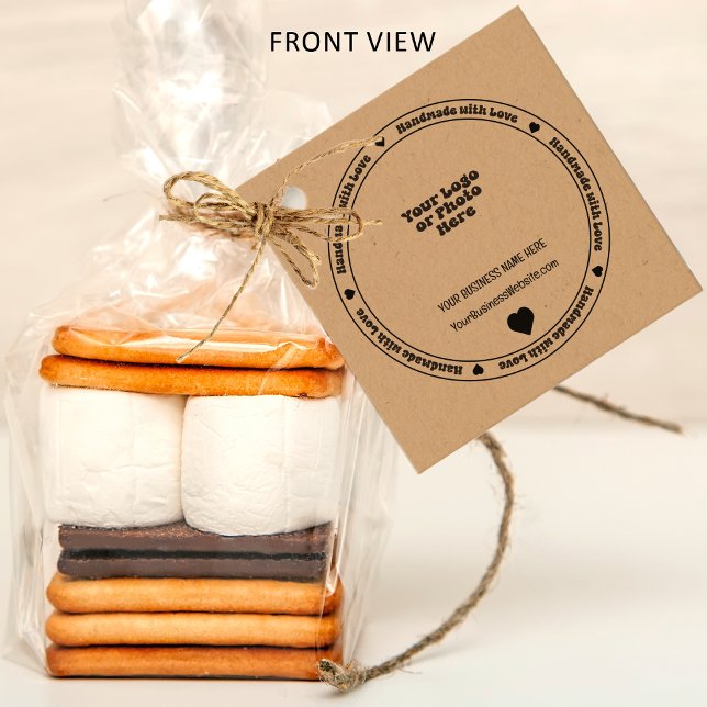 Handgjord med Kärlek Business Insert - Monochromat Gåvor Etiketter ("Handmade with Love" Business Insert Black Heart Real Kraft Paper Favor Tags - Front View)