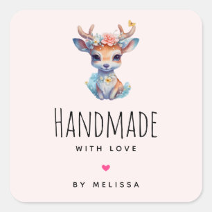 Handgjord med Kärlek Cute Baby Hjort Illustration Fyrkantigt Klistermärke