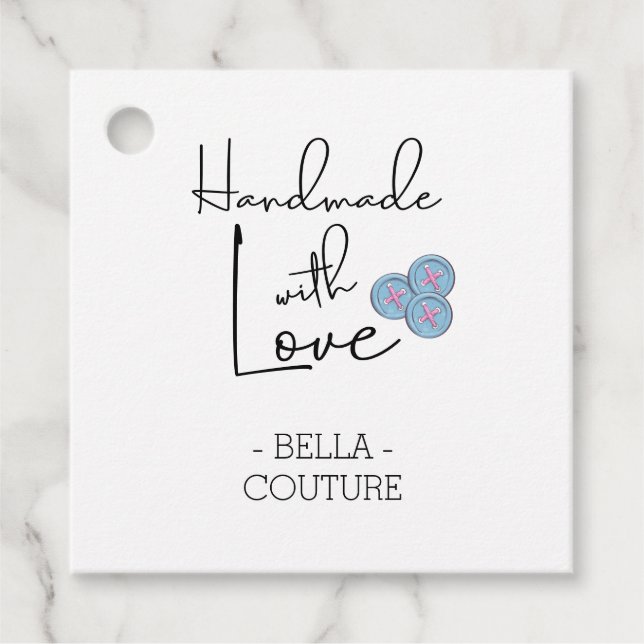 Handgjord med Kärlek Cute Blue Buttons White Gåvor Etiketter (Framsida)
