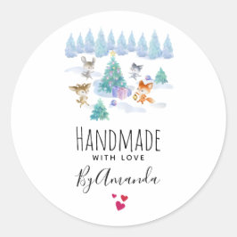Handgjord med Kärlek Cute Forest Animals jul Runt Klistermärke