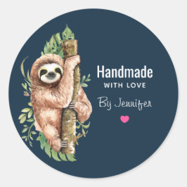 Handgjord med Kärlek Cute Watercolor Sloth Runt Klistermärke