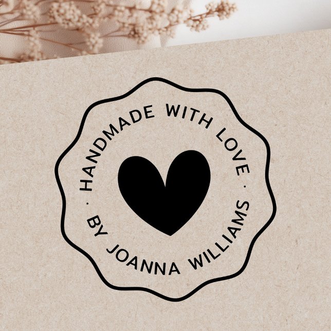 Handgjord med kärlek efter eget namn vågigt gräns stämpel (Handmade with love by custom name thin wavy border rubber stamp)