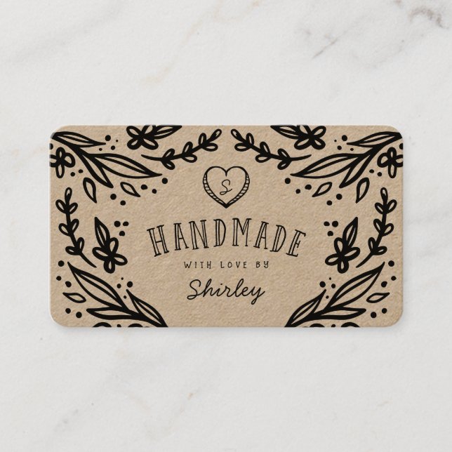 Handgjord med Kärlek Heart Monogram Blommigt Desig Visitkort (Framsida)
