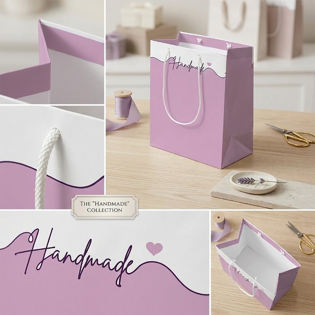 Handgjord med kärlek Lila Förpackning för småföret (Lavender "Handmade" gift bag with white rope handles for boutique small business packaging)