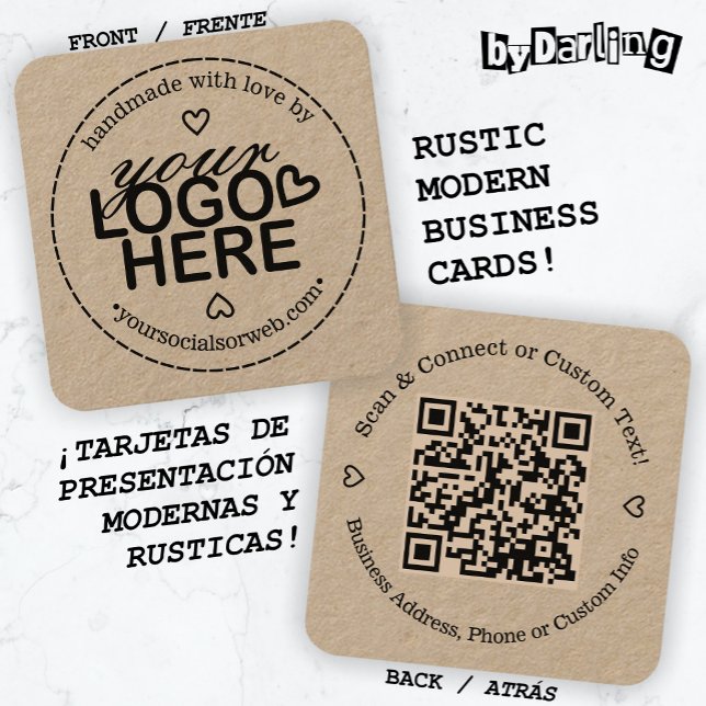 Handgjord med Kärlek Logotyp Rustic Fyrkantigt Visitkort (Handmade with Love Custom Logo QR Code Rustic Business Card Double Sided)