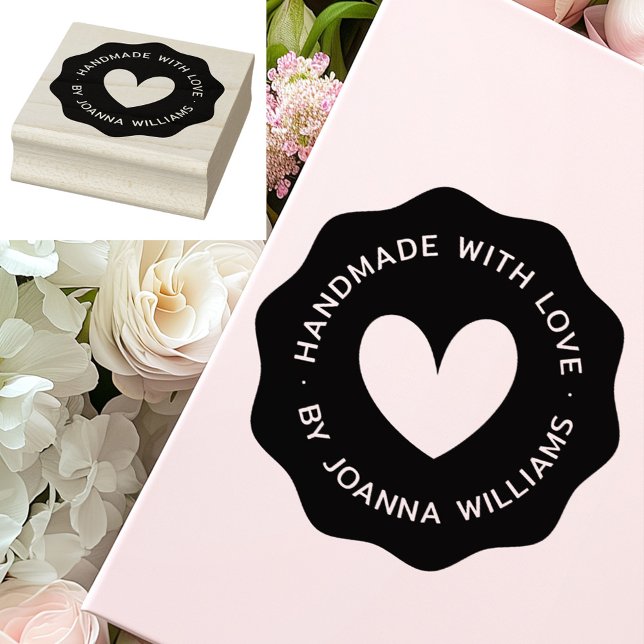 Handgjord med kärlek med eget namn vågigt gräns stämpel (Handmade with love by custom name wavy border rubber stamp)