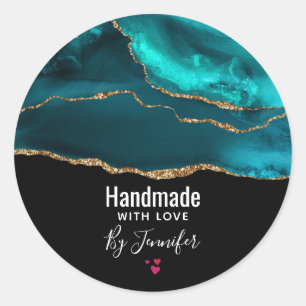 Handgjord med Kärlek Modern Teal Agate & Guld Ribb Runt Klistermärke