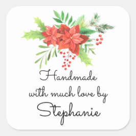 Handgjord med kärlek Namn Poinsettia Jul  Fyrkantigt Klistermärke