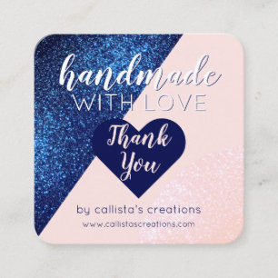 Handgjord med Kärlek Navy Blue Rosa Glitter Heart Fyrkantigt Visitkort