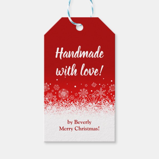 Handgjord Med Kärlek Röd Julsnöflinga Presentetikett (Framsidan)