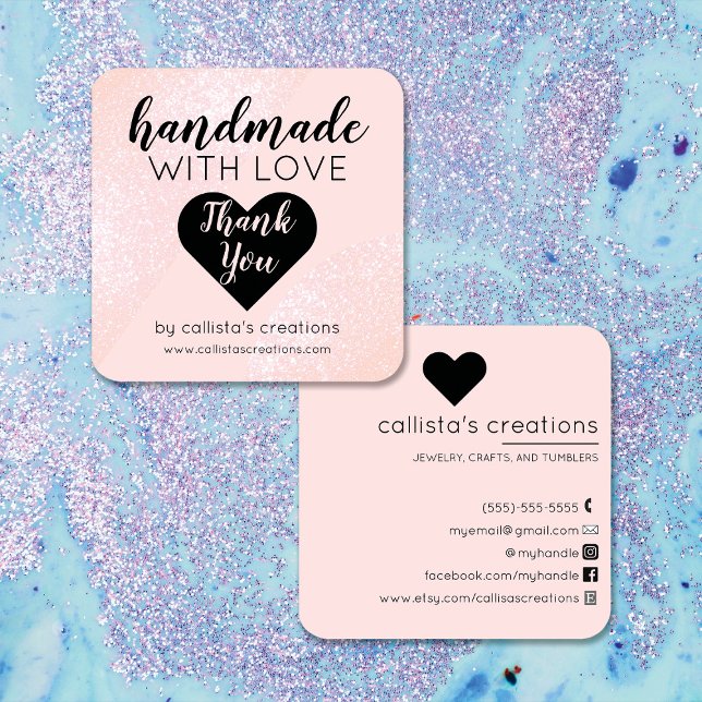 Handgjord med Kärlek  Rosa Glitter Geo Heart Fyrkantigt Visitkort (Skapare uppladdad)