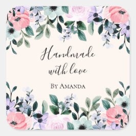 Handgjord med Kärlek Rosa & Grönt Blommigt Vattenf Fyrkantigt Klistermärke