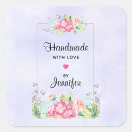 Handgjord med Kärlek Rosa Watercolor Blommigt Ram Fyrkantigt Klistermärke