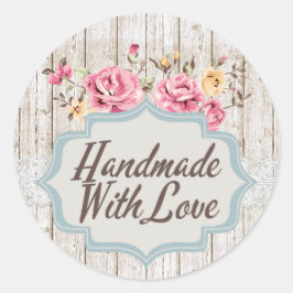 Handgjord med kärlek Shabby Chic Blommig Rustik Tr Runt Klistermärke