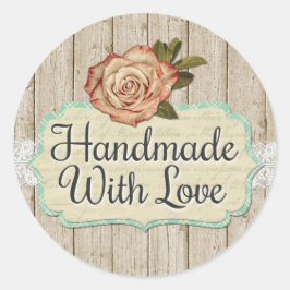 Handgjord med Kärlek Shabby chic Ro och trä Runt Klistermärke