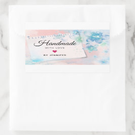 handgjord med Kärlek Söt Blåa blommor på Rosa Rektangulärt Klistermärke