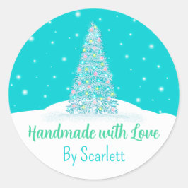 Handgjord med Kärlek Teal Aqua Julgran Runt Klistermärke