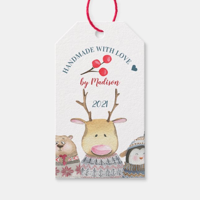 Handgjorda med kärlek Cute-djur vintergåva Märkre Presentetikett (Framsidan)