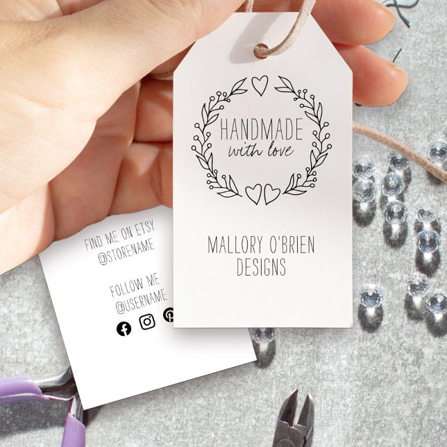 Handgjorda med kärlek Dodle Utandningshjärnar i Fo Presentetikett (Handmade with love gift tags or product swing tags with social media and business name)