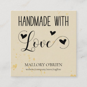 Handgjorda med Kärlek Heart Calligraphy Whect Gul Fyrkantigt Visitkort