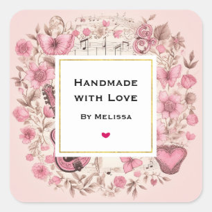 Handgjorda med Kärlek Musik noter och Blommor Fyrkantigt Klistermärke