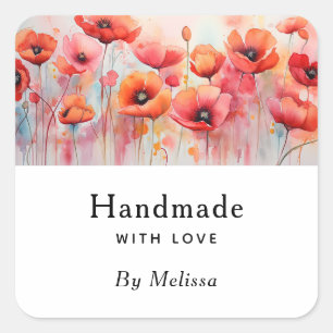 Handgjorda med Kärlek Red Watercolor Poppies Fyrkantigt Klistermärke