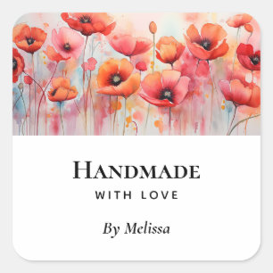Handgjorda med Kärlek Red Watercolor Poppies Fyrkantigt Klistermärke