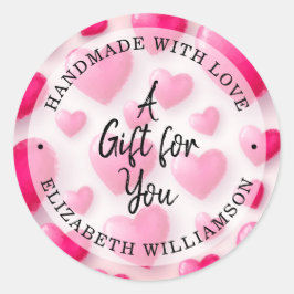 Handgjorda med Kärlek Rosa Hearts Runt Klistermärke