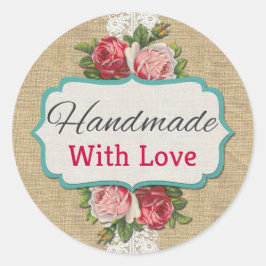 Handgjorda med kärlek Shabby Chic Rosor Antik Spet Runt Klistermärke