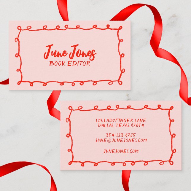 Handgjorda slingor Doodle Whimsical Inky Chic Red  Visitkort (Handmade Loops Doodle Whimsical Inky Chic Red Pink Business Card
)