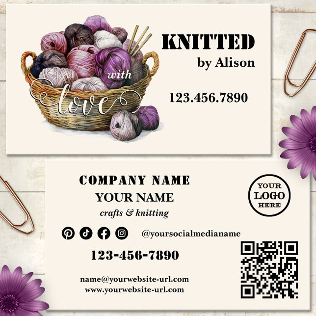 Handgjorda stickningskonsthantverk Ull Visitkort (Crafts, knitting or crocheting business card featuring a watercolor basket with wool)