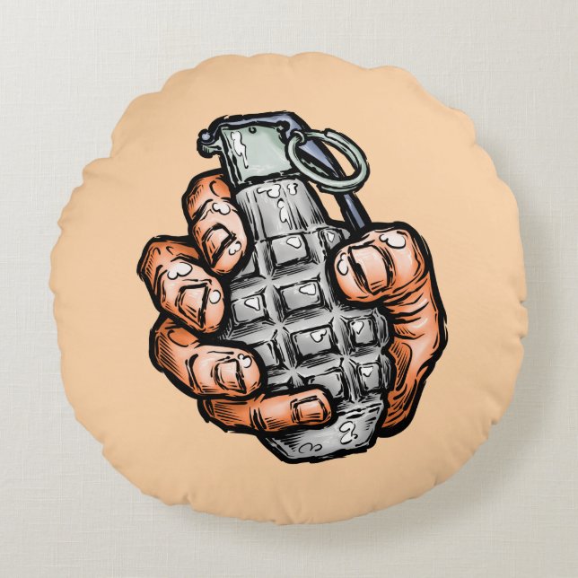 Handgrenad i Tecknad Stil Rund Kudde (Framsidan)