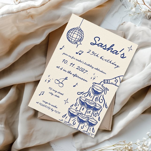 Handillustrerad Champagne Torn Birthday Blue Inbjudningar (Blue hand illustrated champagne tower birthday invitation)
